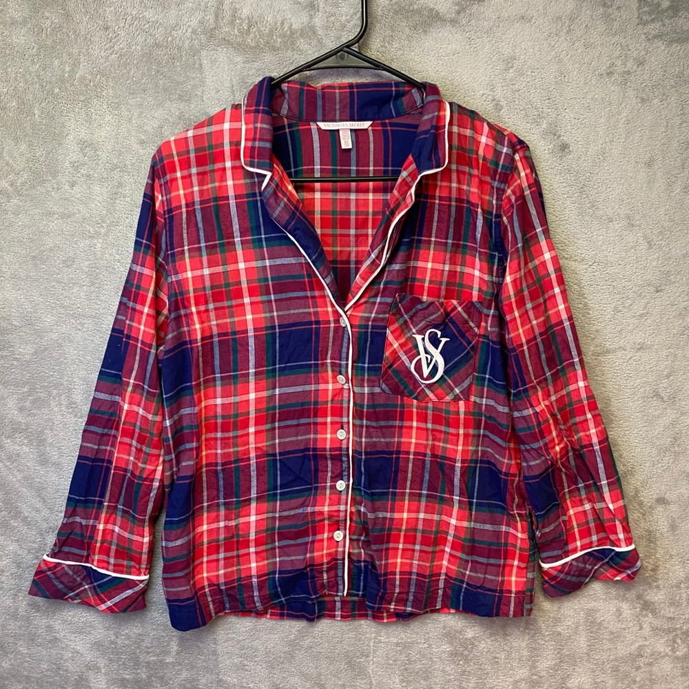 Victoria's Secret Pajama Top‎ Womens S Plaid Flannel Button Up Red Blue EUC